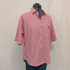Chic Red Gingham 100% Cotton Short Sleeve Button Up Shirt Women’s size L